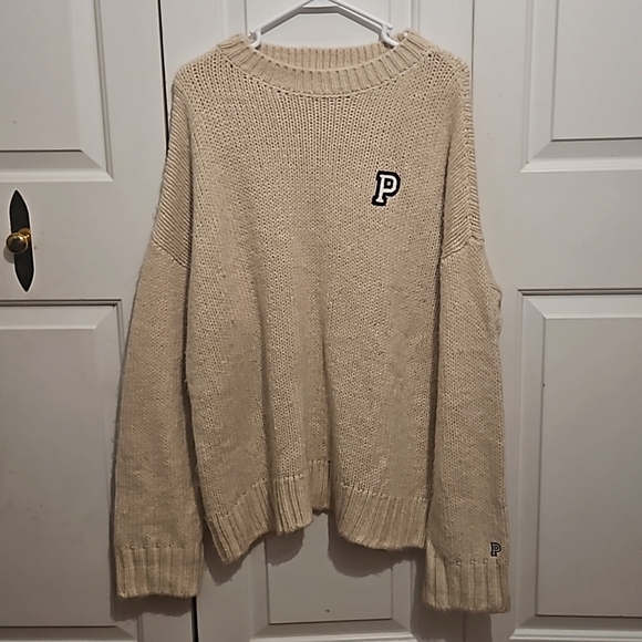 Victoria's Secret PINK Boyfriend Crewneck Cozy Knit Sweater Oatmeal/ L - Picture 2 of 10